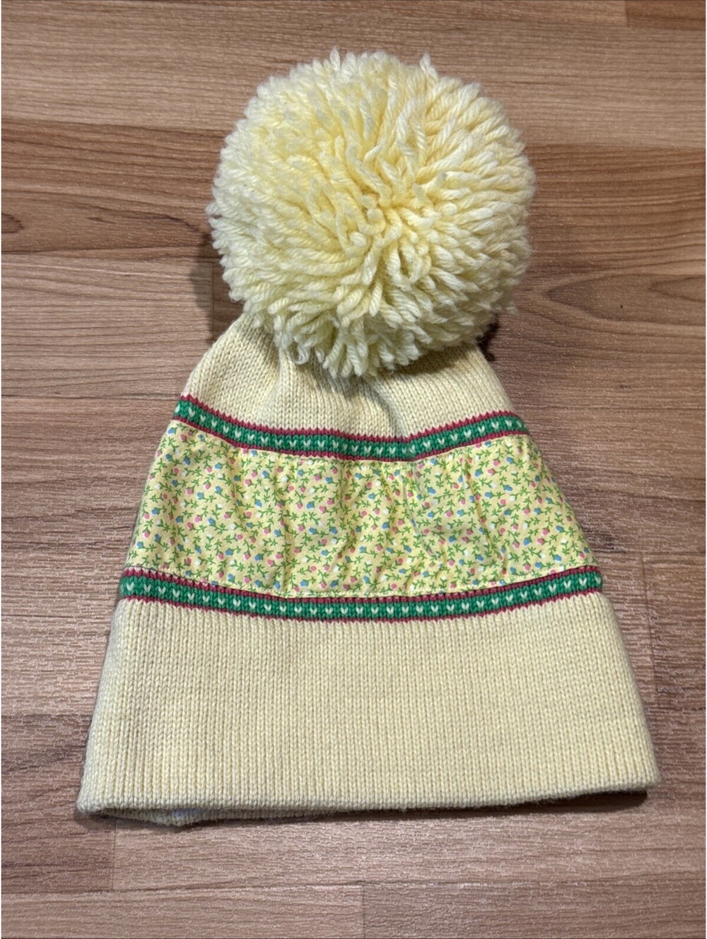 Vintage Top Notch Knits Yellow Floral Beanie Pom Pom Handmade